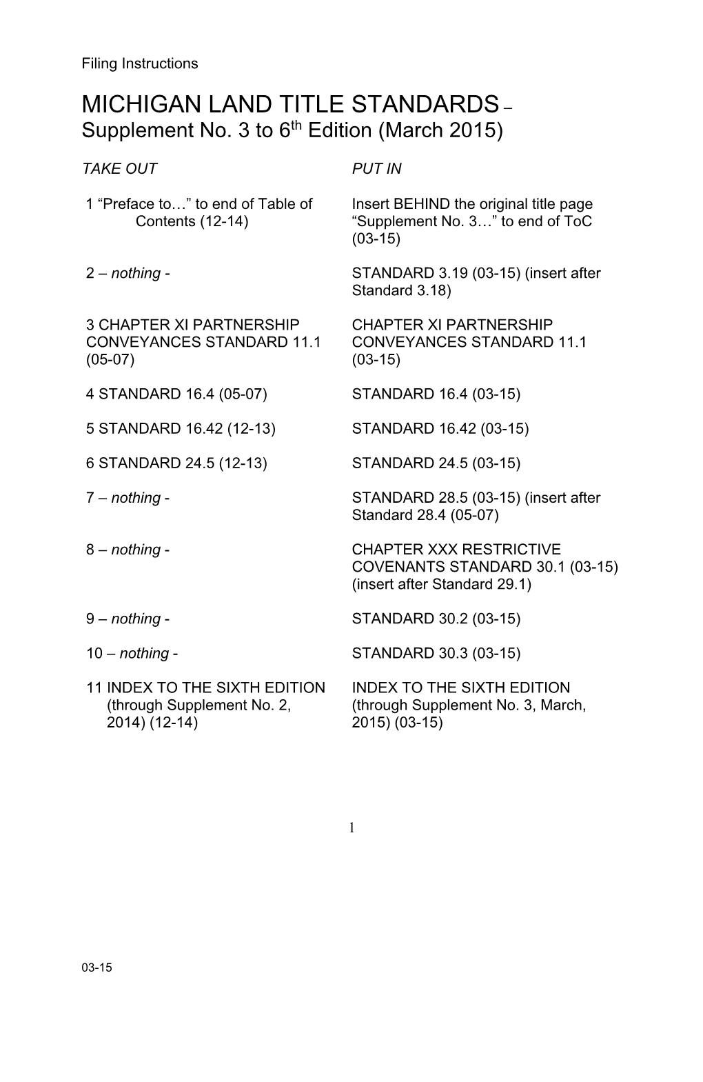 Complete Supplement No 3 to Sixth Edition Michigan Land Title Standards