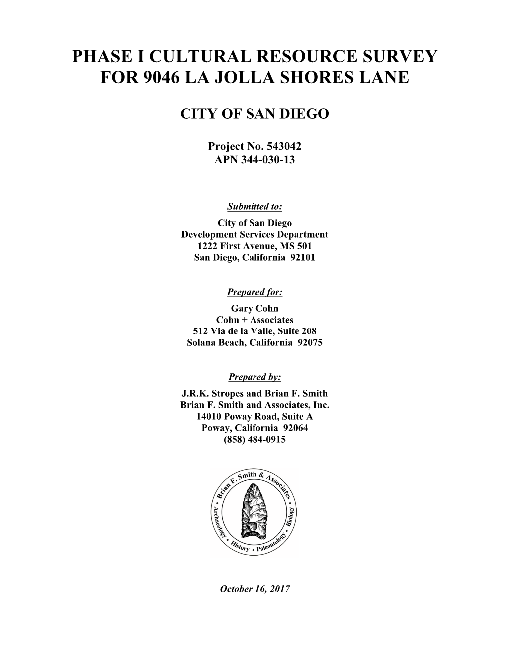 Phase I Cultural Resource Survey for 9046 La Jolla Shores Lane