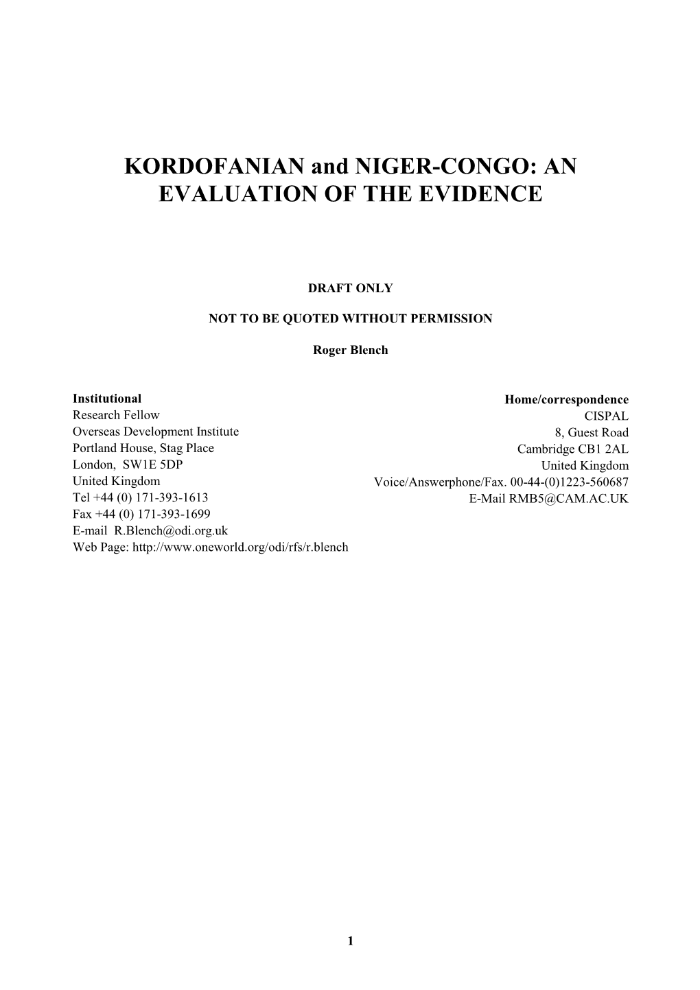 KORDOFANIAN and NIGER-CONGO: an EVALUATION of the EVIDENCE
