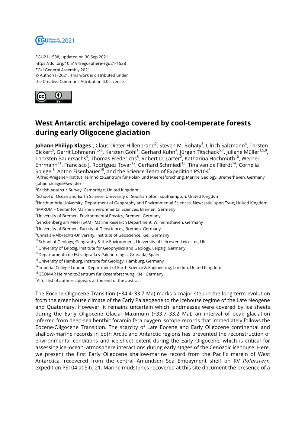 West Antarctic Archipelago Covered by Cool-Temperate Forests During Early Oligocene Glaciation