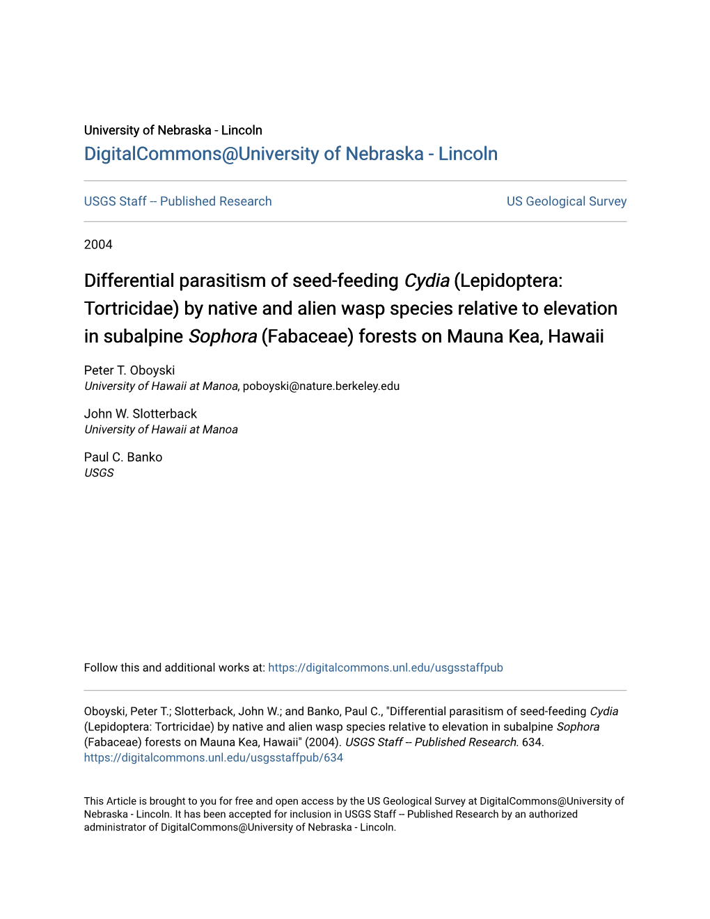 Differential Parasitism of Seed-Feeding &lt;I&gt;Cydia&lt;/I&gt;