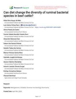 Can Diet Change the Diversity of Ruminal Bacterial Species in Beef Cattle?