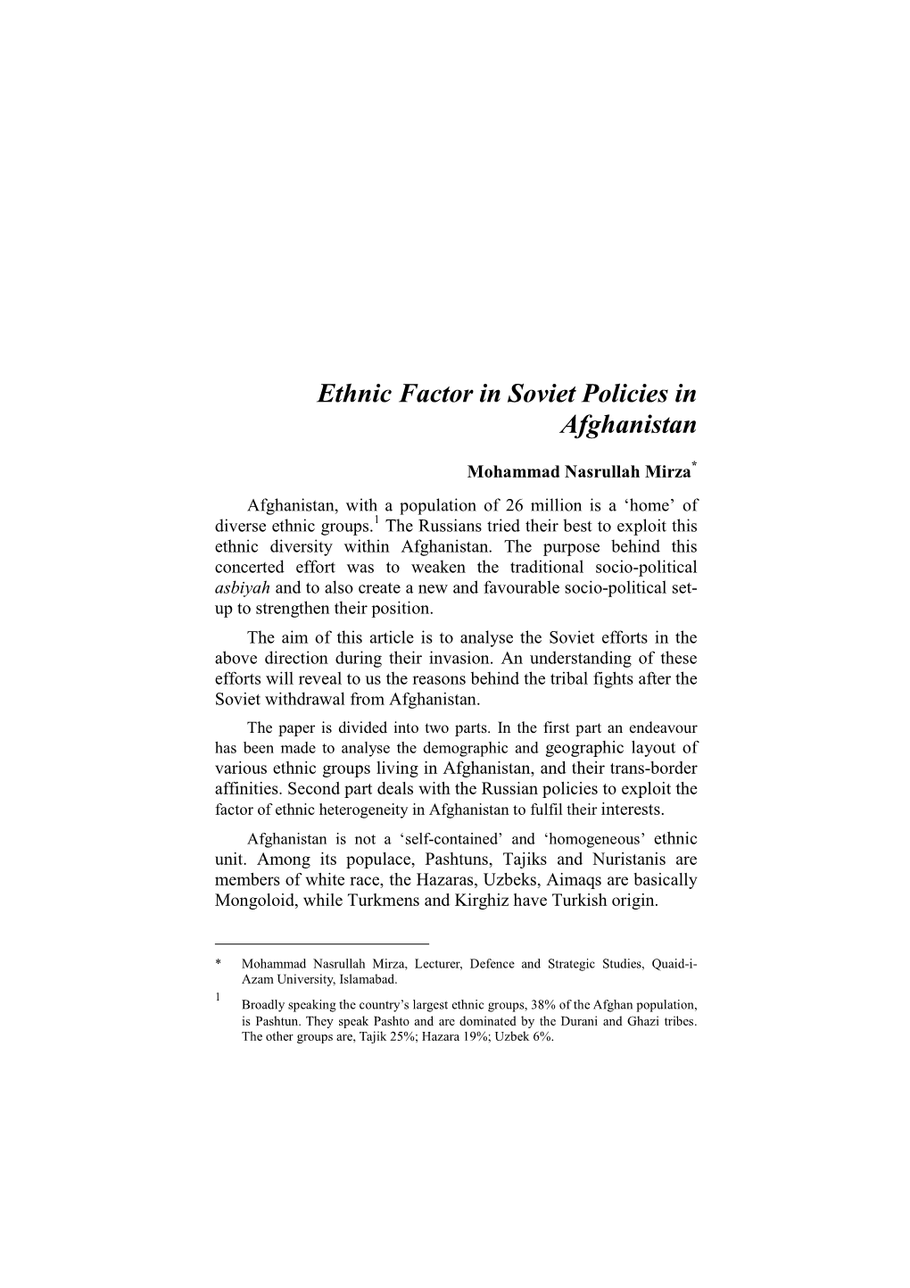 Ethnic Factor in Soviet Policies in Afghanistan