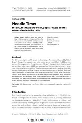 Needle Time: the BBC, the Musicians’ Union, Popular Music, and the Reform of Radio in the 1960S