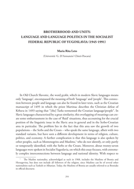 Brotherhood and Unity: Language and Language Politics in the Socialist Federal Republic of Yugoslavia (1945-1991)