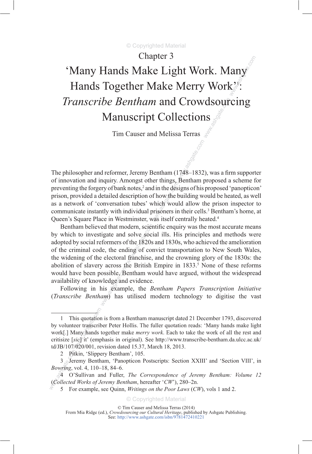 'Many Hands Make Light Work. Many Hands Together Make Merry Work'1: Transcribe Bentham and Crowdsourcing Manuscript Collecti