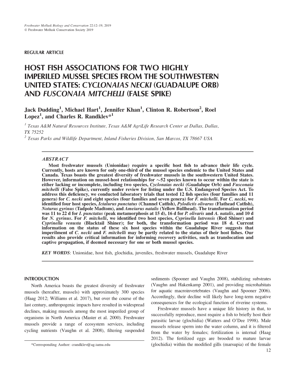 Host Fish Associations for Two Highly Imperiled Mussel Species from the Southwestern United States: Cyclonaias Necki (Guadalupe