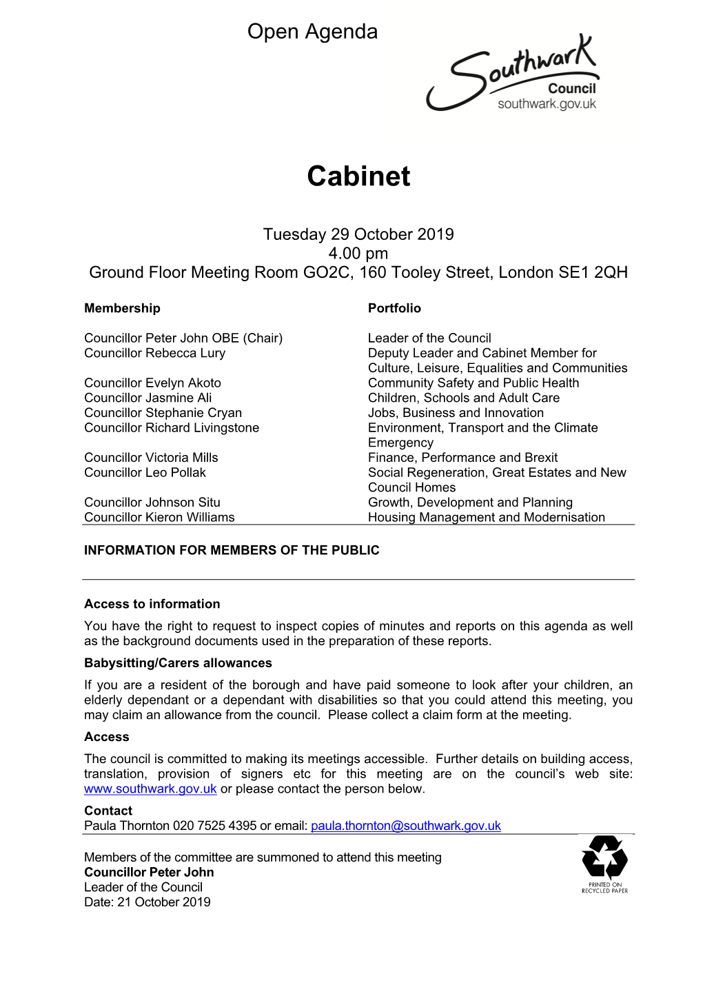 (Public Pack)Agenda Document for Cabinet, 29/10/2019 16:00