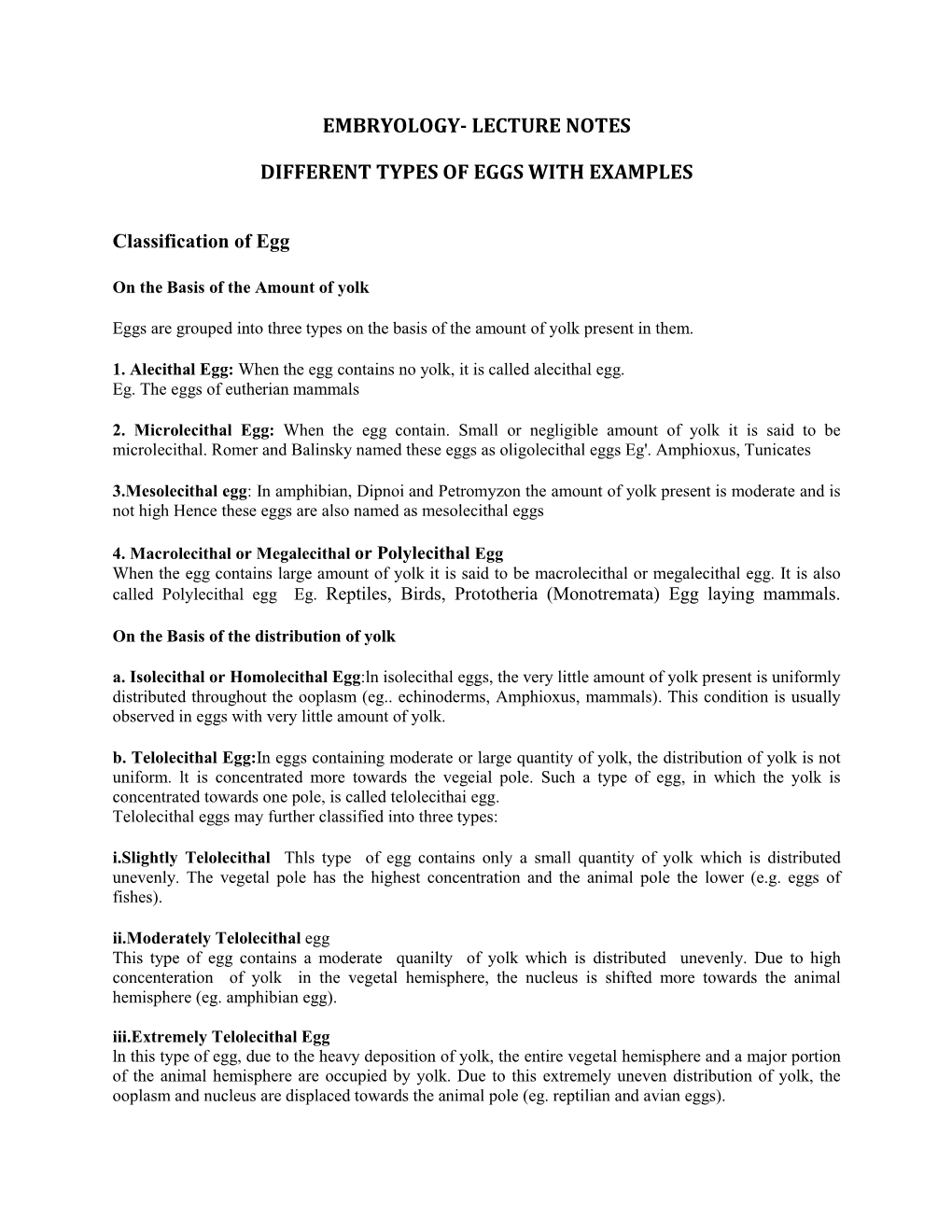 Embryology- Lecture Notes Different Types of Eggs with Examples