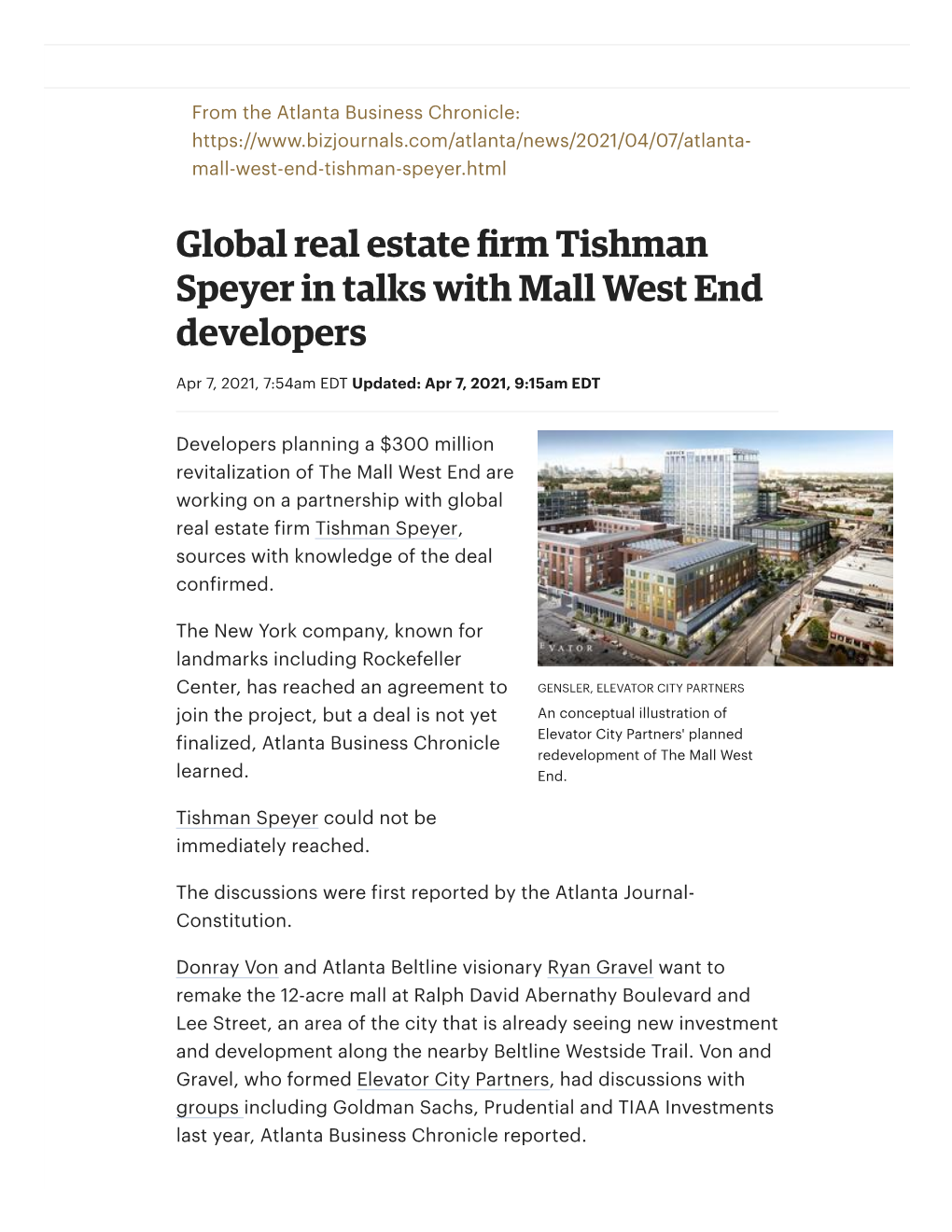 Global Real Estate Firm Tishman Speyer in Talks with Mall West End