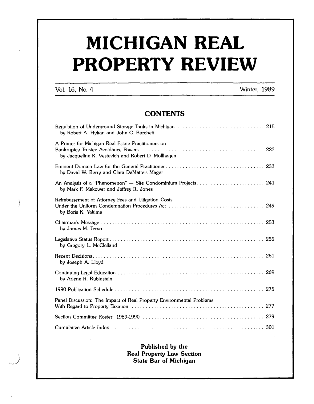 Michigan Real Property Review Winter 1989