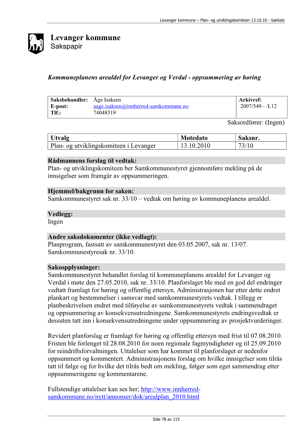 Levanger Kommune – Plan- Og Utviklingskomiteen 13.10.10 - Sakliste