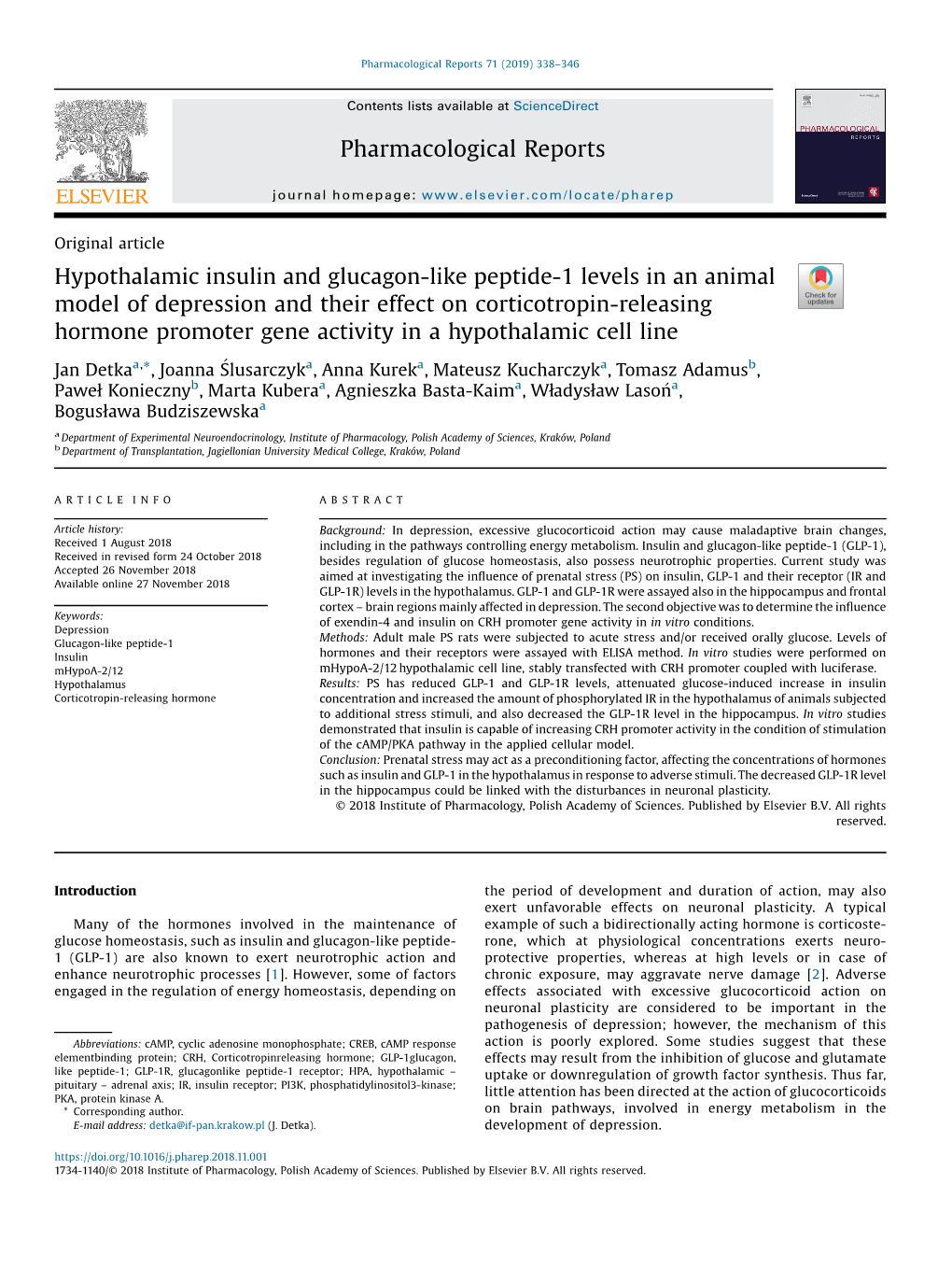 Hypothalamic Insulin and Glucagon-Like Peptide-1 Levels in an Animal Model of Depression and Their Effect on Corticotropin-Relea