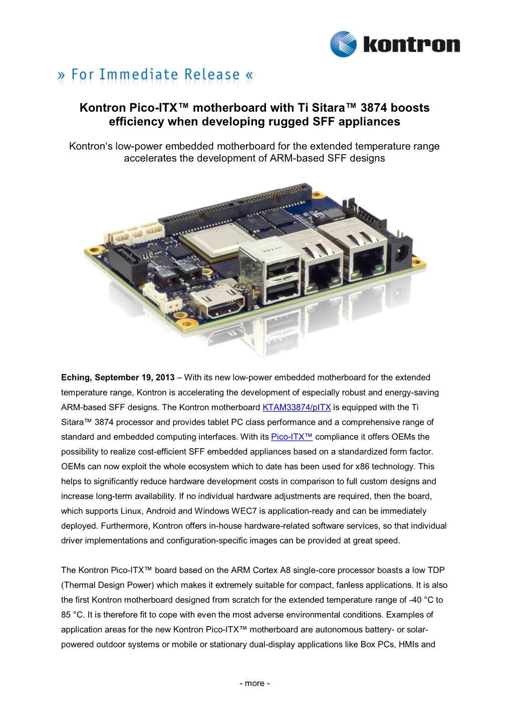 Kontron Pico-ITX™ Motherboard with Ti Sitara™ 3874 Boosts Efficiency When Developing Rugged SFF Appliances