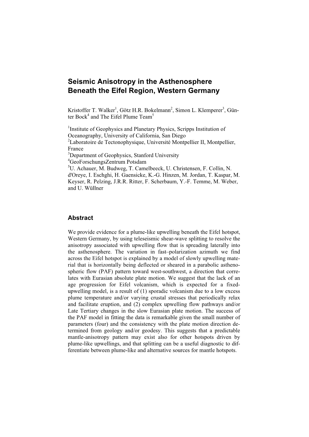 Seismic Anisotropy in the Asthenosphere Beneath the Eifel Region, Western Germany