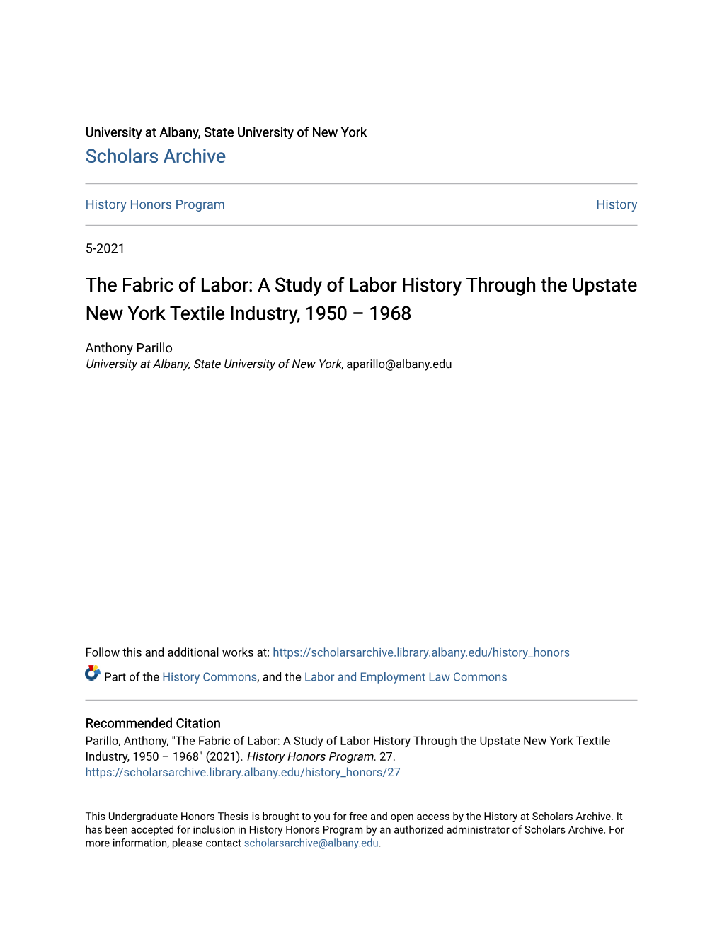 A Study of Labor History Through the Upstate New York Textile Industry, 1950 – 1968