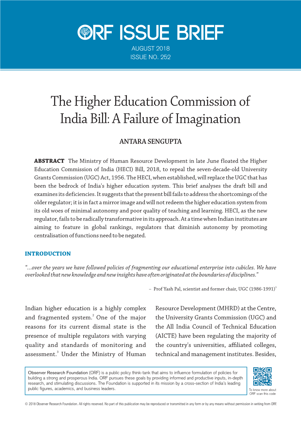 The Higher Education Commission of India Bill: a Failure of Imagination