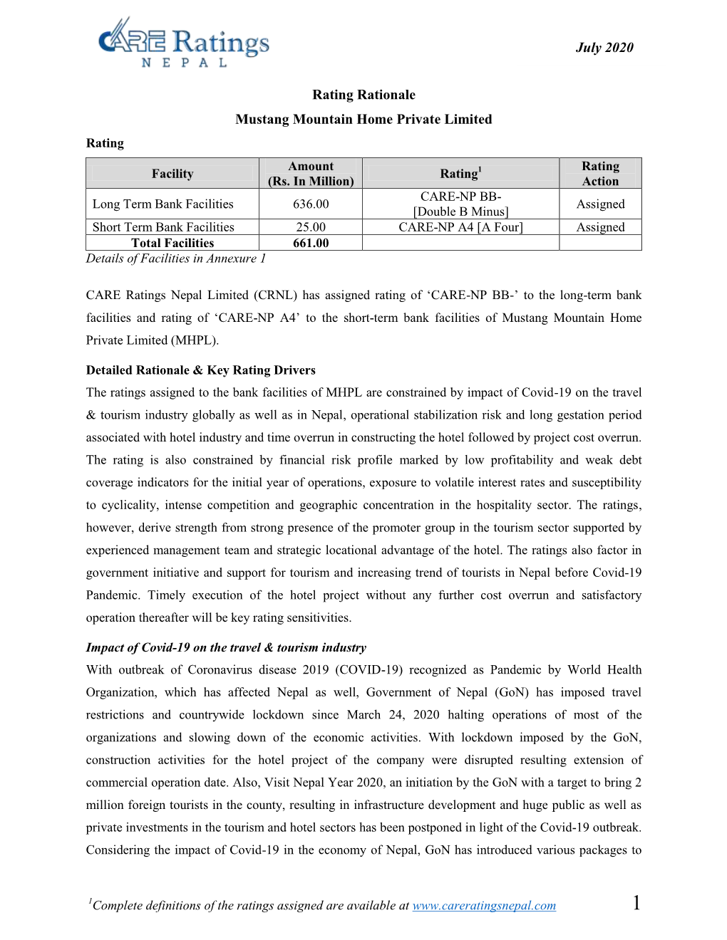 July 2020 Rating Rationale Mustang Mountain Home Private Limited