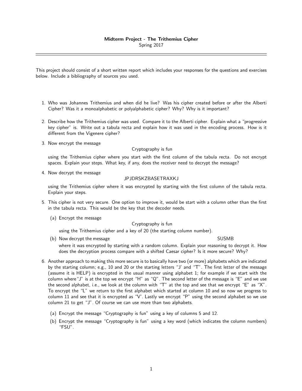 Midterm Project - the Trithemius Cipher Spring 2017