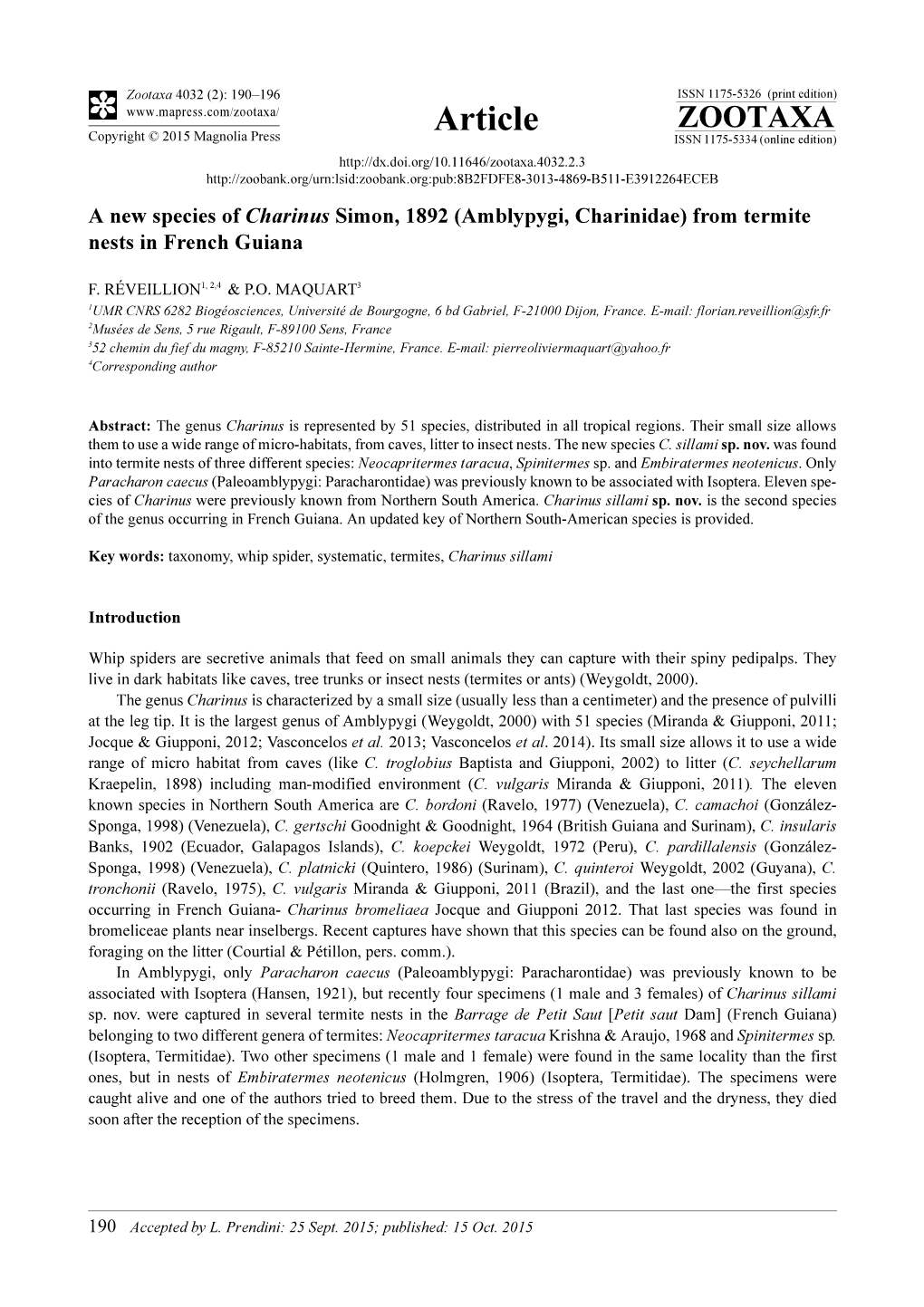 (Amblypygi, Charinidae) from Termite Nests in French Guiana