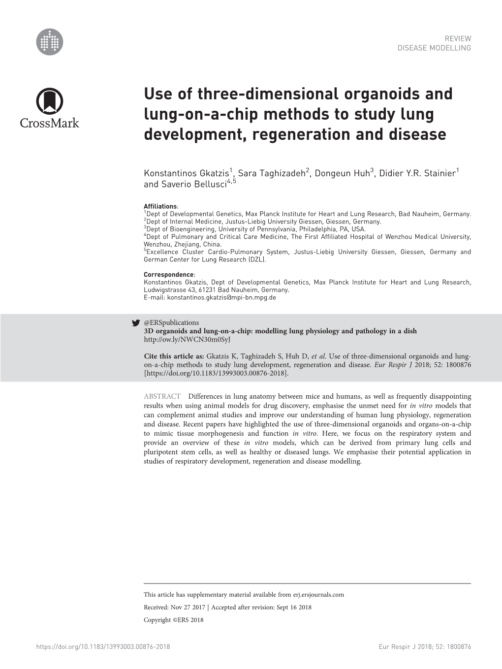 Use of Three-Dimensional Organoids and Lung-On-A-Chip Methods to Study Lung Development, Regeneration and Disease