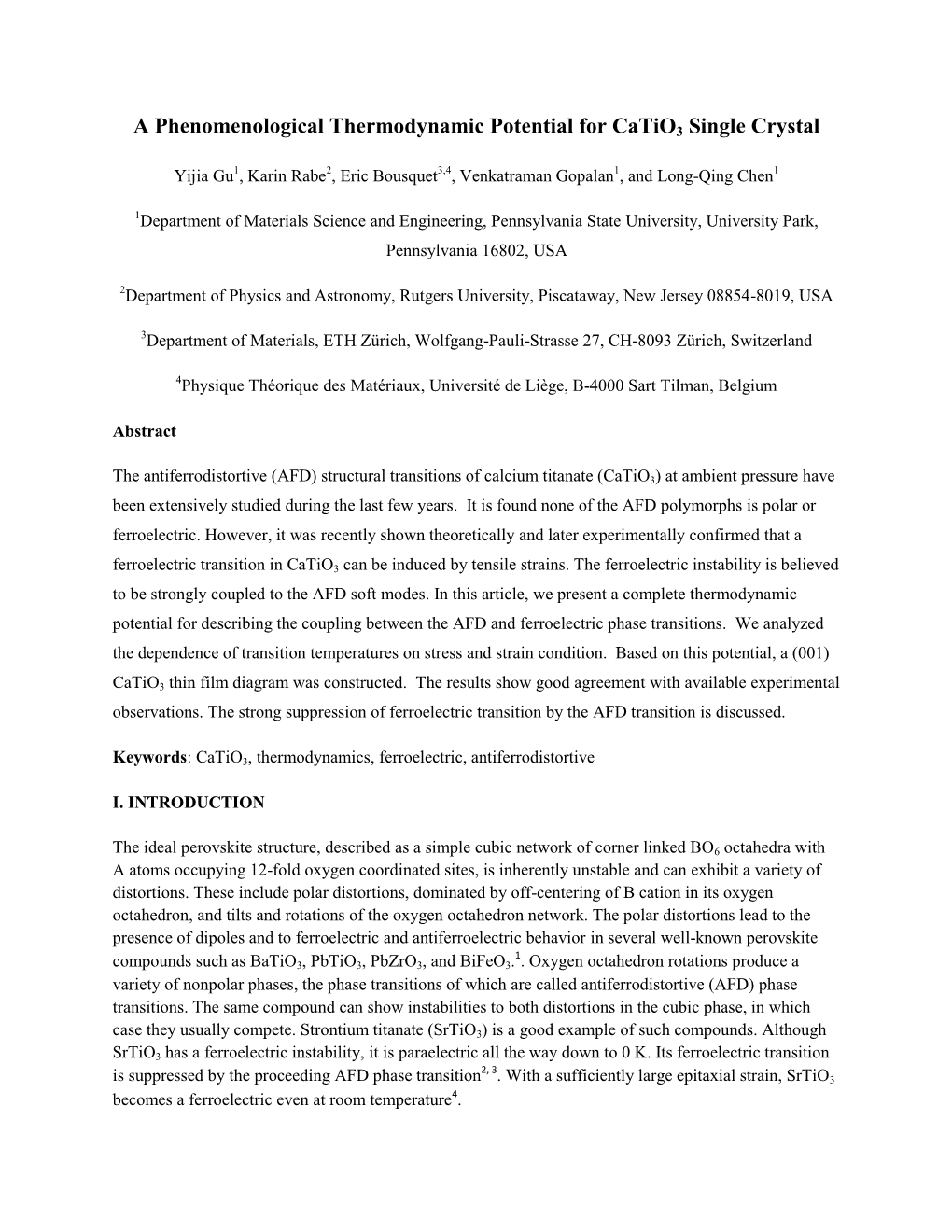 A Phenomenological Thermodynamic Potential for Catio3 Single Crystal