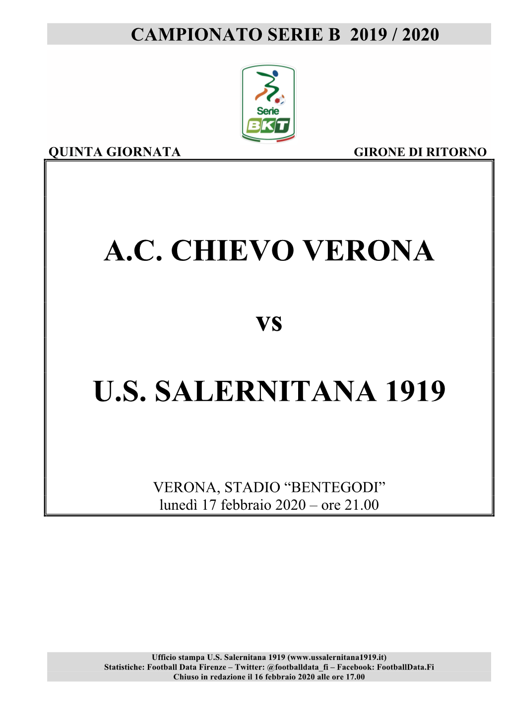 A.C. CHIEVO VERONA Vs U.S. SALERNITANA 1919