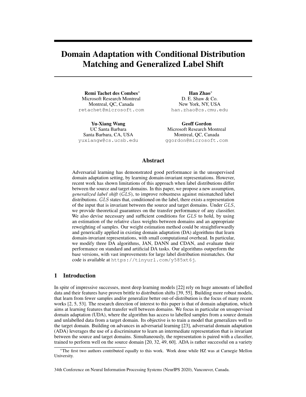 Domain Adaptation with Conditional Distribution Matching and Generalized Label Shift