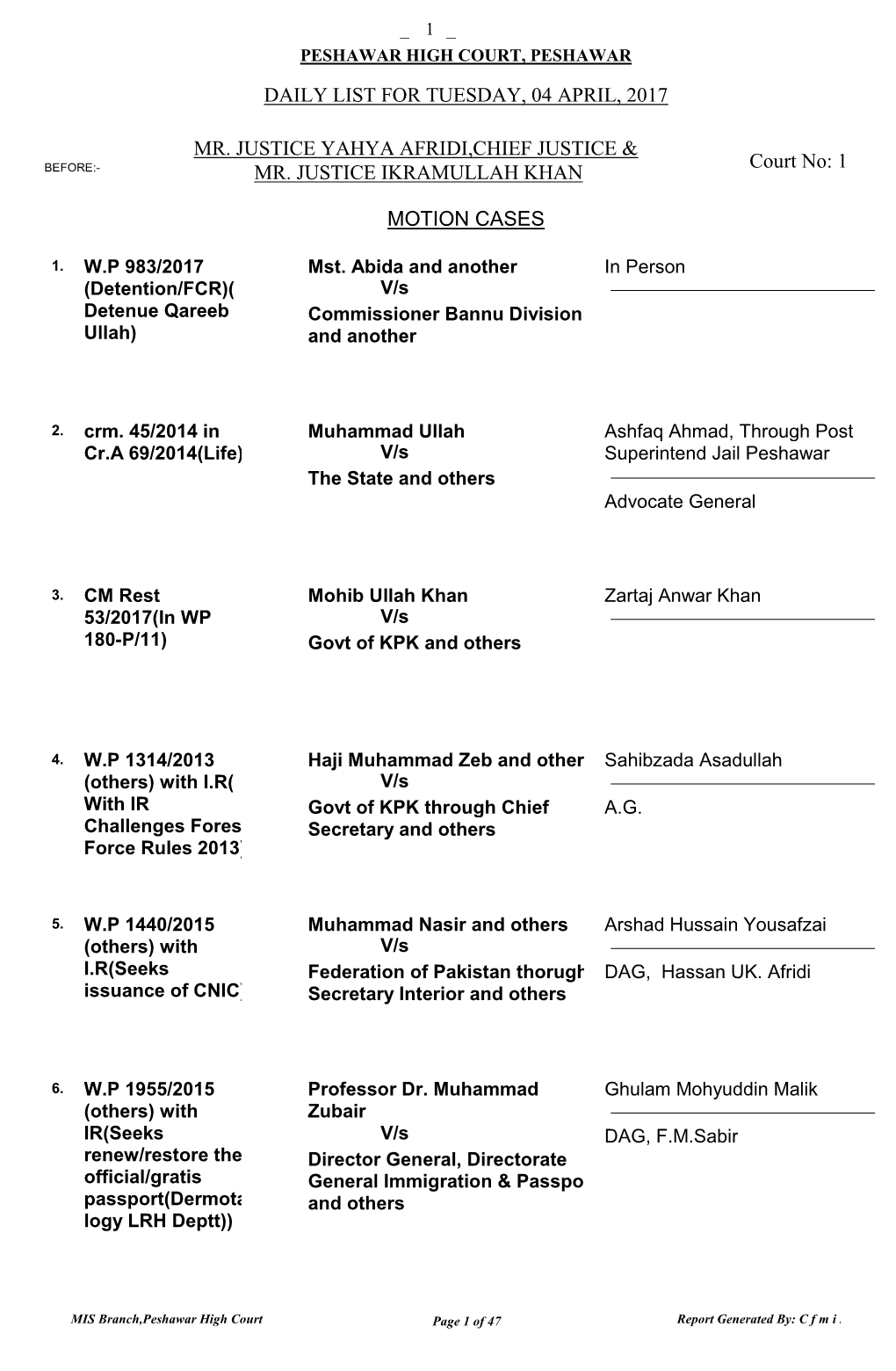 Daily List for Tuesday, 04 April, 2017 Motion Cases Mr