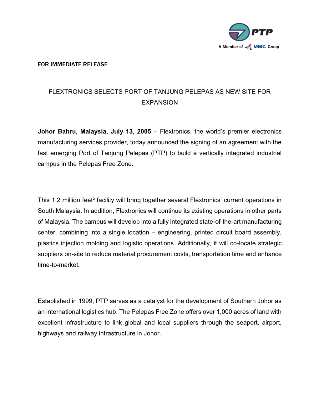 Flextronics Selects Port of Tanjung Pelepas As New Site for Expansion