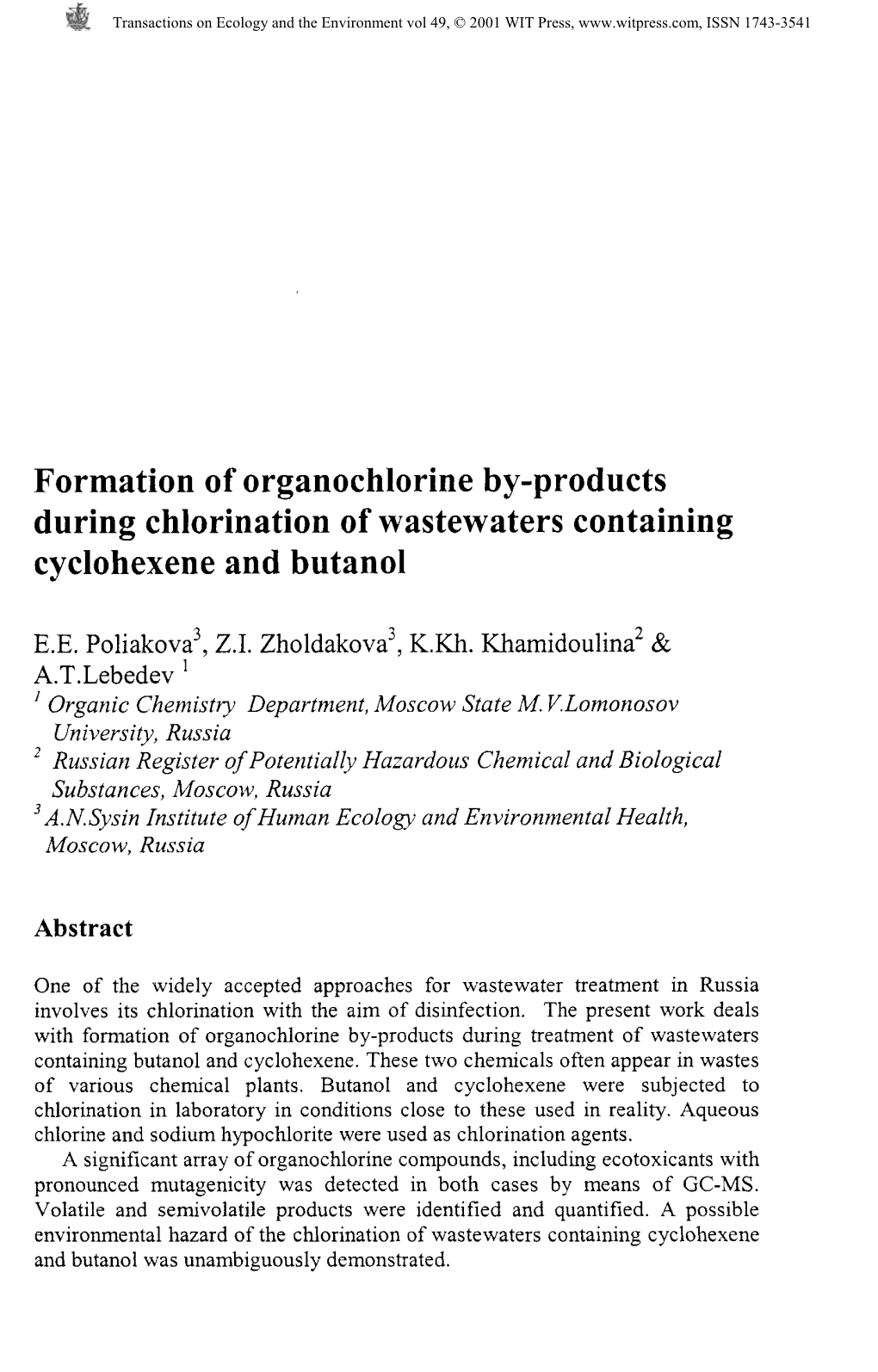 Formation of Organochlorine By-Products During Chlorination of Wastewaters Containing Cyclohexene and Butanol