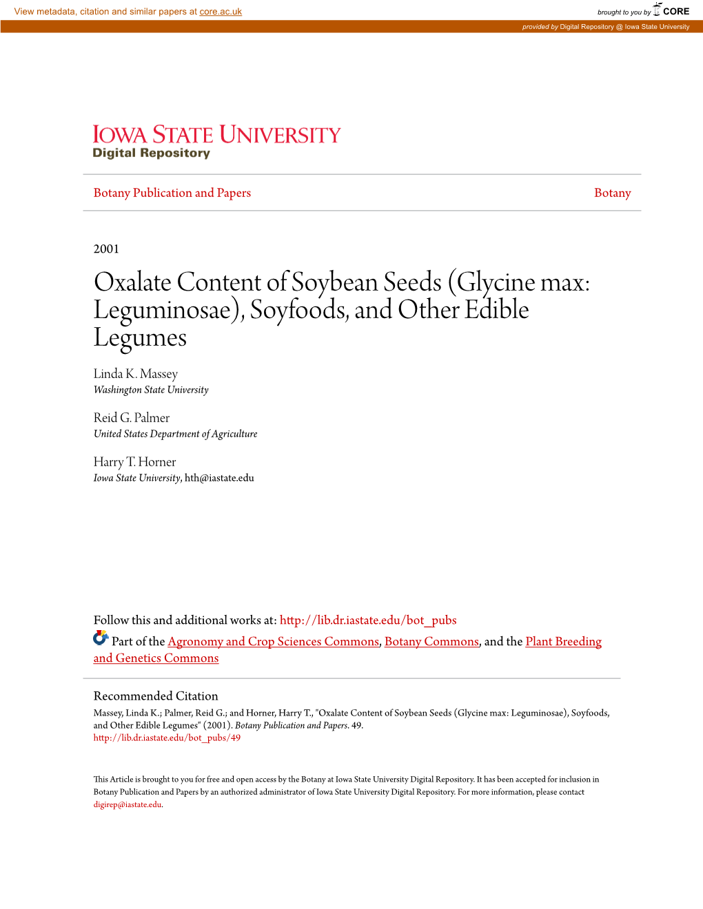 Oxalate Content of Soybean Seeds (Glycine Max: Leguminosae), Soyfoods, and Other Edible Legumes Linda K