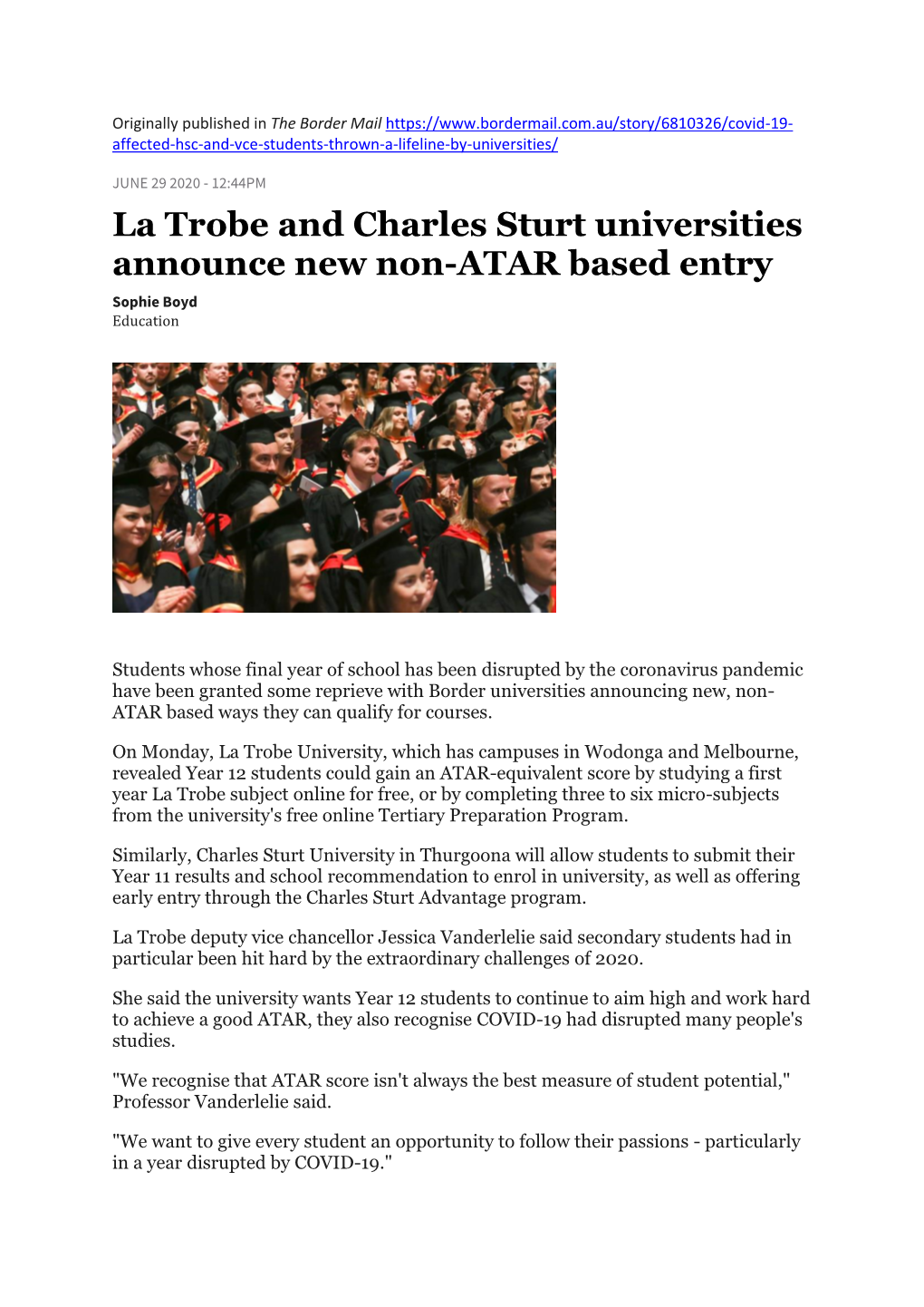 La Trobe and Charles Sturt Universities Announce New Non-ATAR Based Entry Sophie Boyd Education