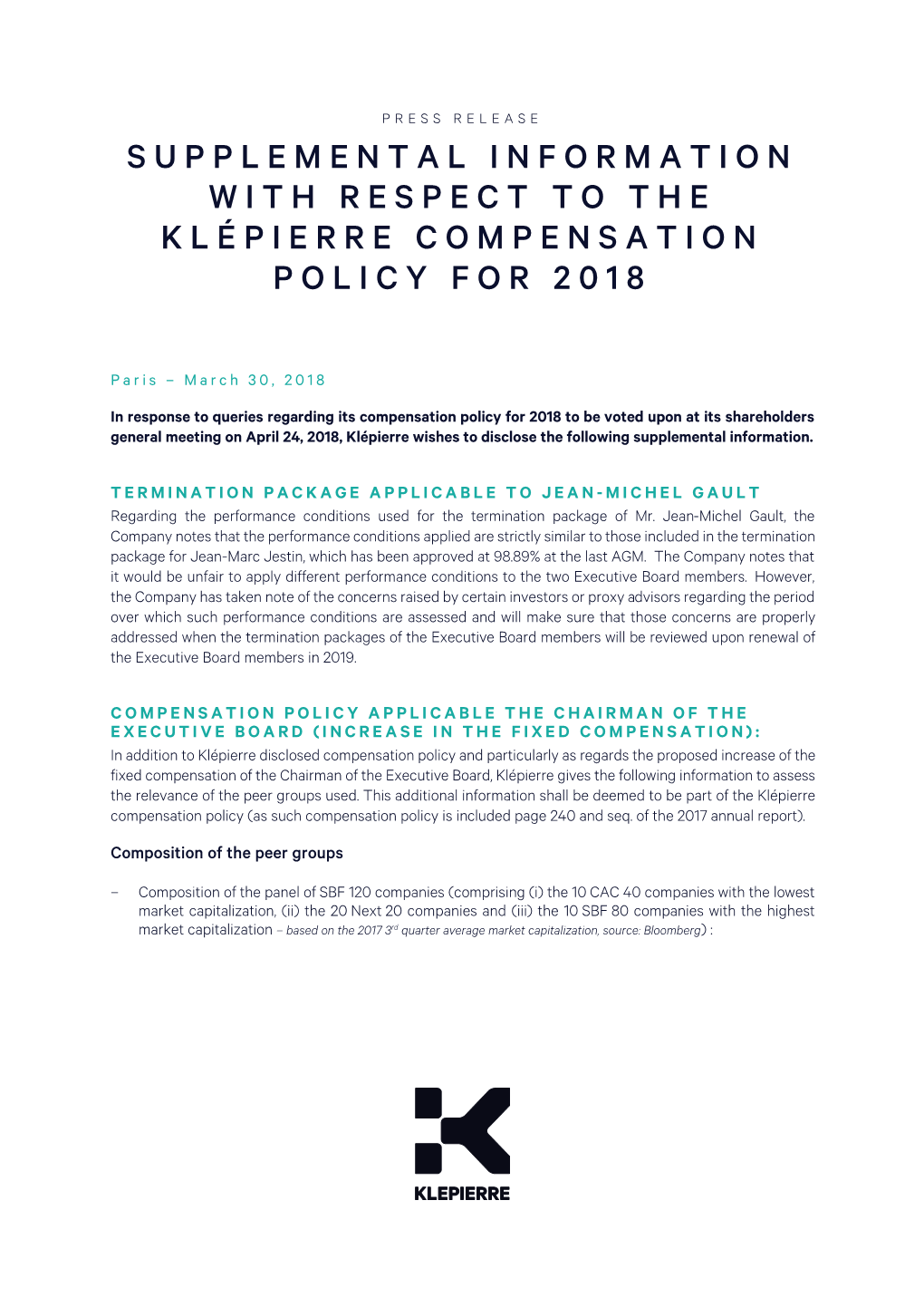 Supplemental Information with Respect to the Klépierre Compensation Policy for 2018