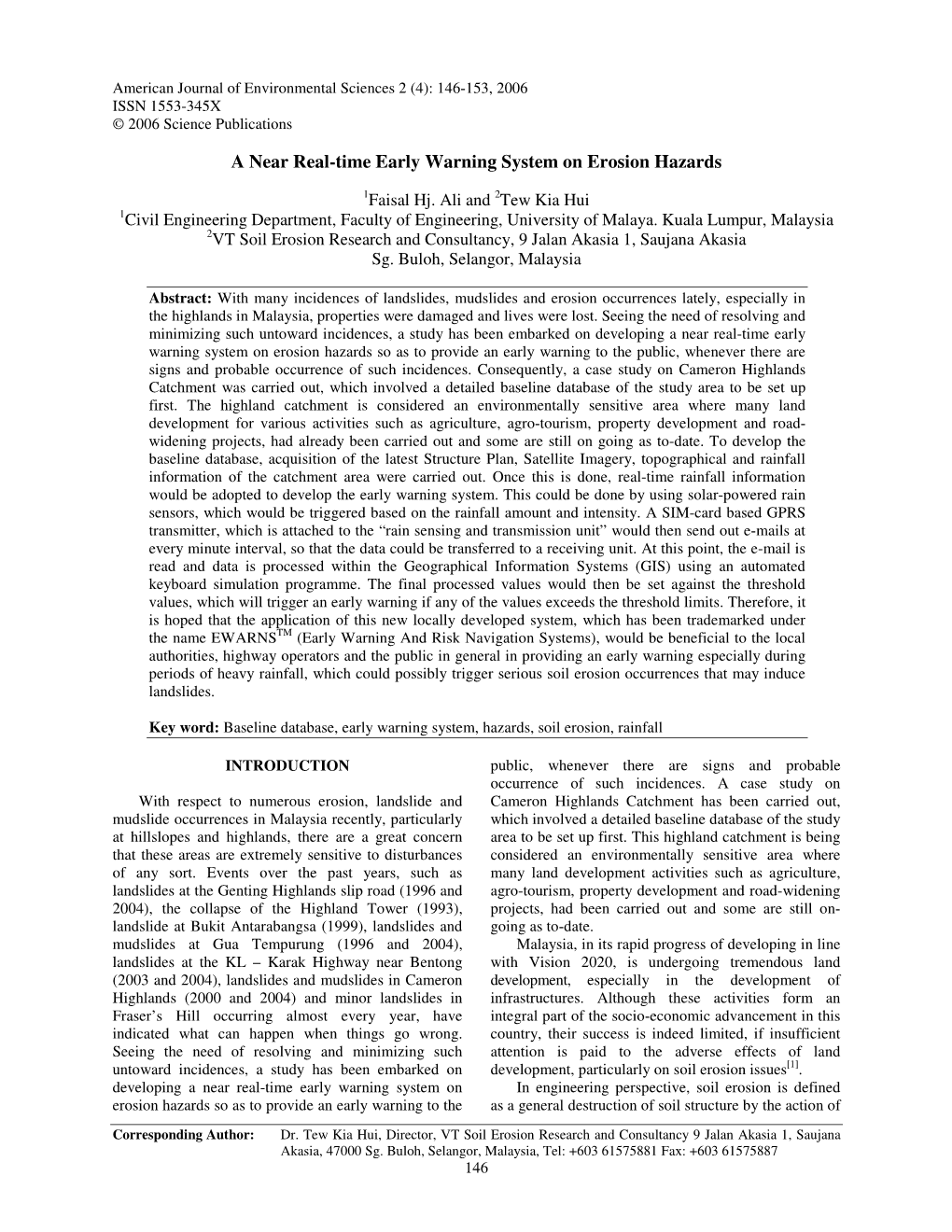 A Near Real-Time Early Warning System on Erosion Hazards