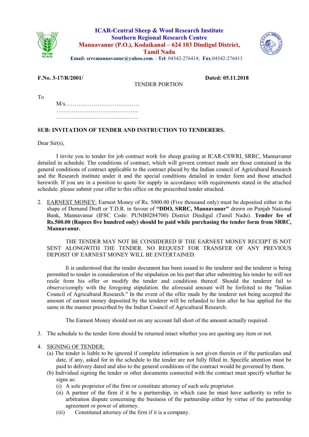 Tender Documents for Sheep Grazing at SRRC Mannavanur