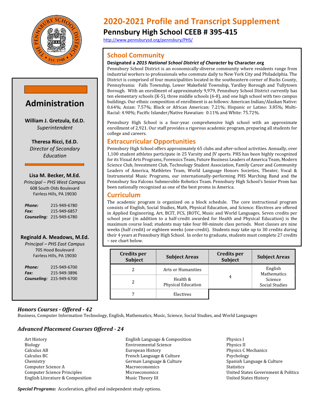 Pennsbury Profile and Transcript Supplement 2020-2021