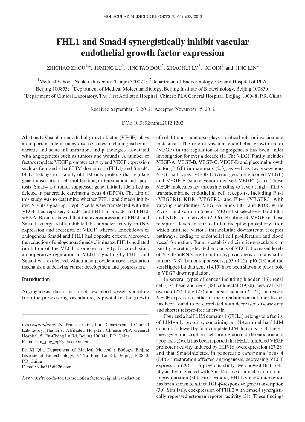 FHL1 and Smad4 Synergistically Inhibit Vascular Endothelial Growth Factor Expression