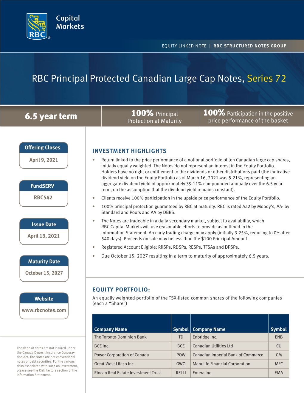 RBC Principal Protected Canadian Large Cap Notes, Series 72