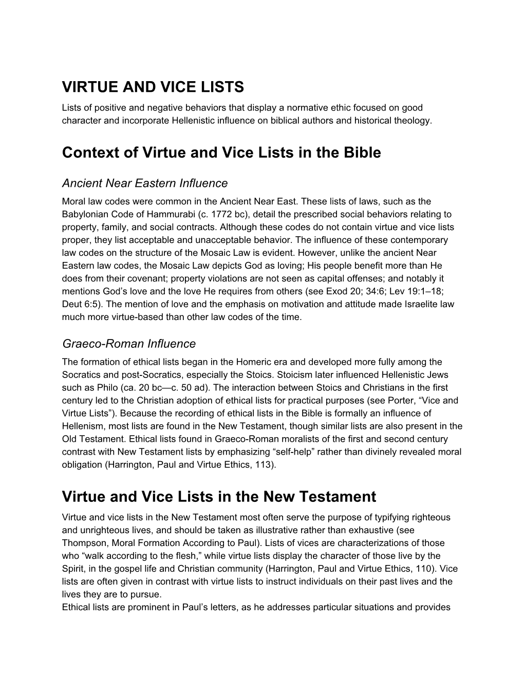 Virtue and Vice Lists