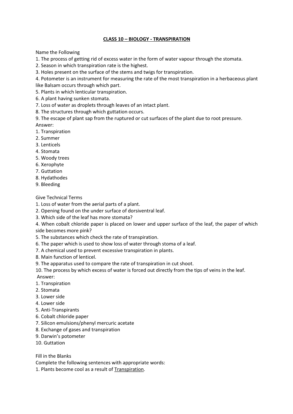 Biology - Transpiration