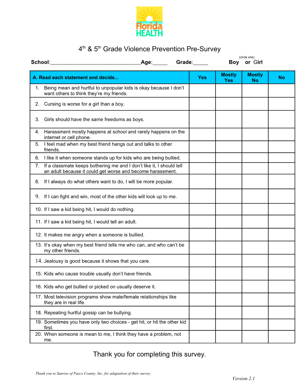 4Th & 5Th Grade Violence Prevention Pre-Survey