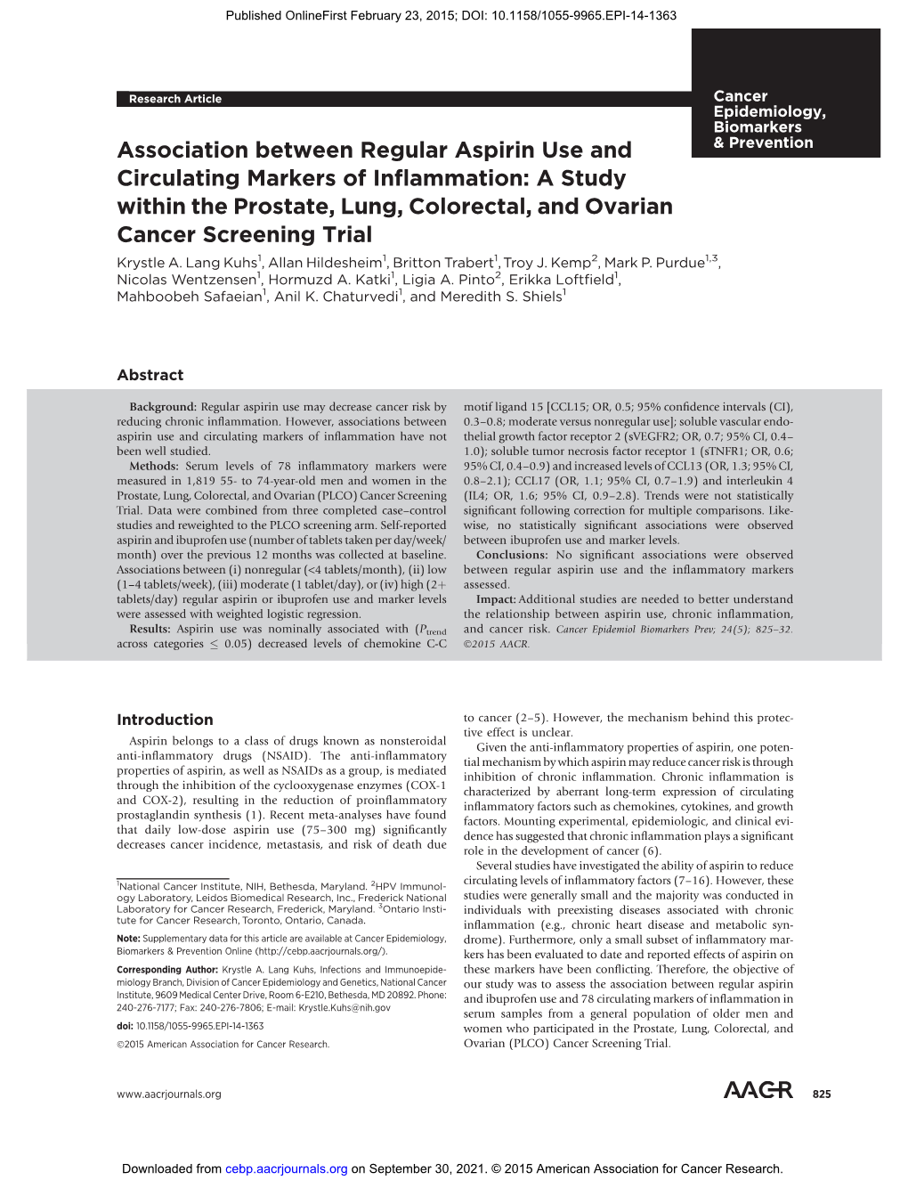 Association Between Regular Aspirin Use and Circulating Markers of Inflammation: a Study Within the Prostate, Lung, Colorectal, and Ovarian Cancer Screening Trial