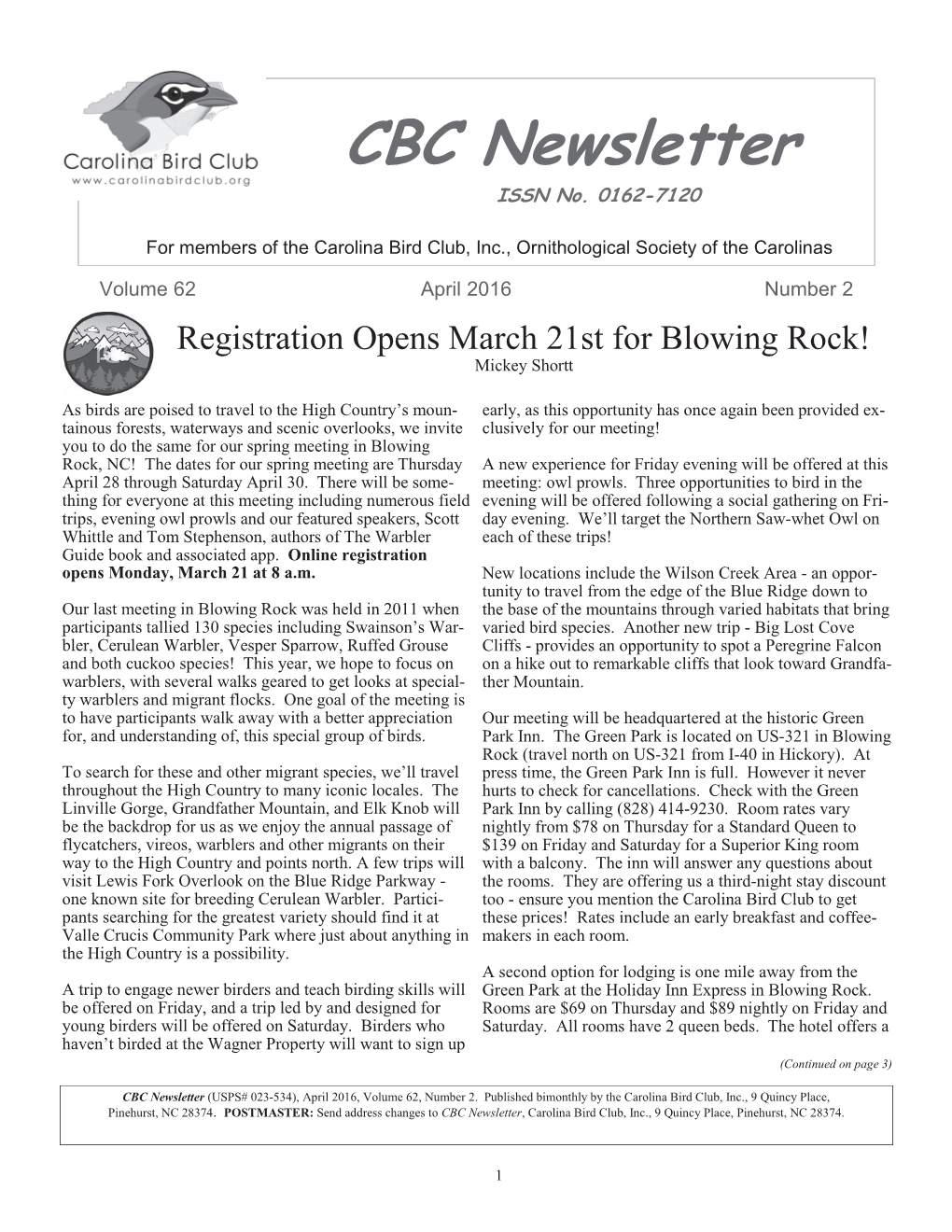 April 2016 Number 2 Registration Opens March 21St for Blowing Rock! Mickey Shortt