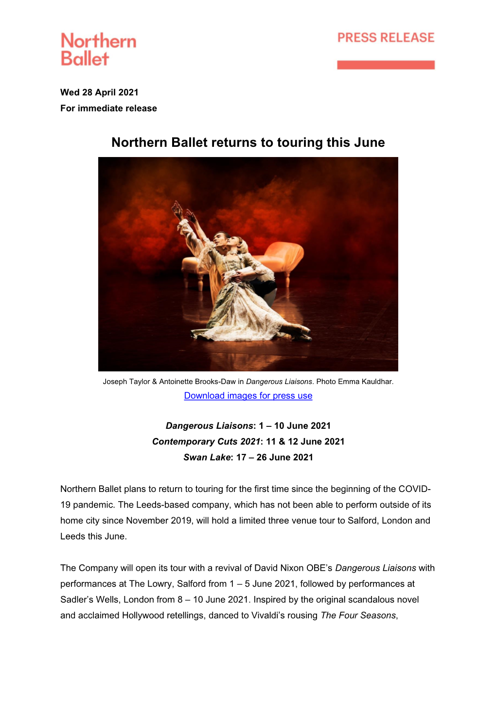 Northern Ballet Returns to Touring This June
