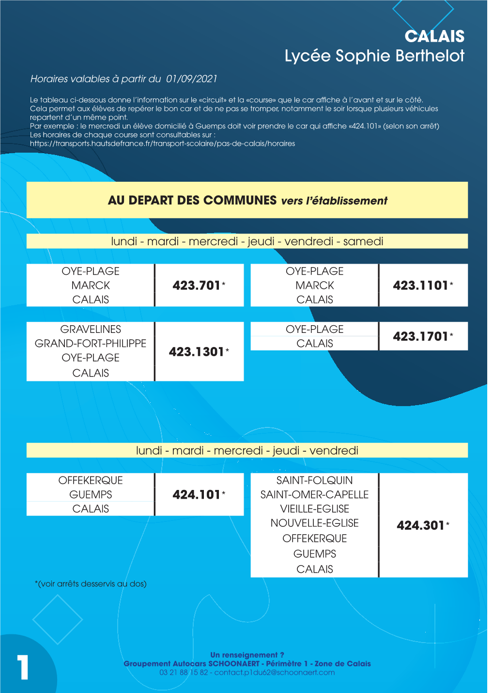 CALAIS Lycée Sophie Berthelot Horaires Valables À Partir Du 01/09/2021