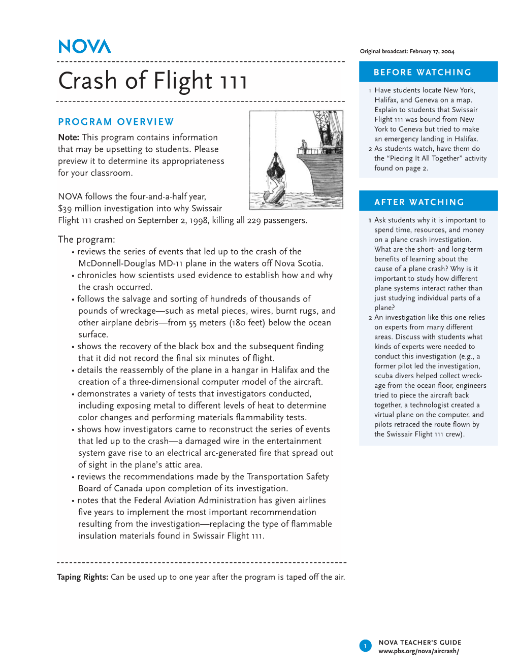Crash of Flight 111 1 Have Students Locate New York, Halifax, and Geneva on a Map