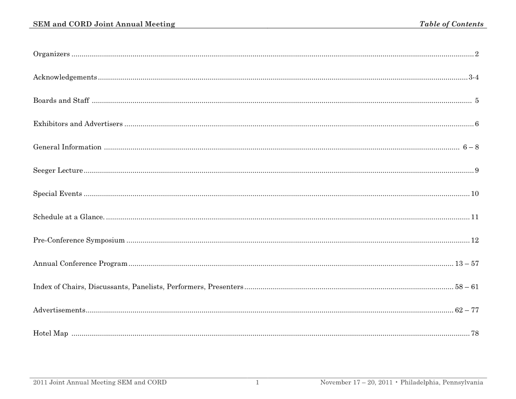 SEM and CORD Joint Annual Meeting Table of Contents Organizers