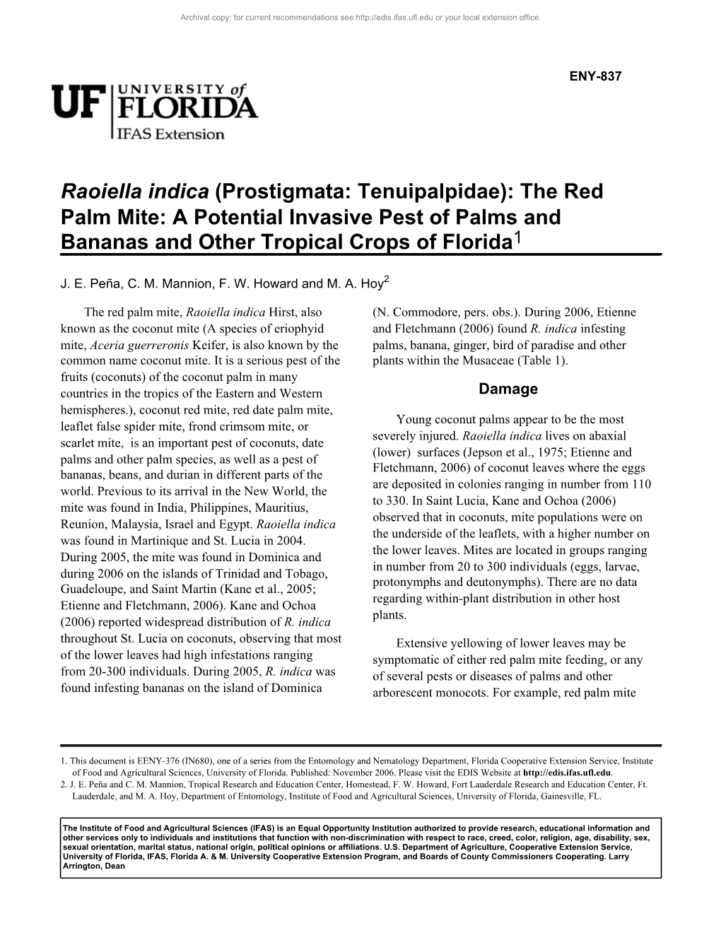 The Red Palm Mite: a Potential Invasive Pest of Palms and Bananas and Other Tropical Crops of Florida1