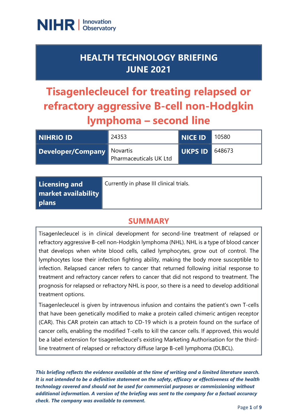 Tisagenlecleucel for Treating Relapsed Or Refractory Aggressive B-Cell Non-Hodgkin Lymphoma – Second Line